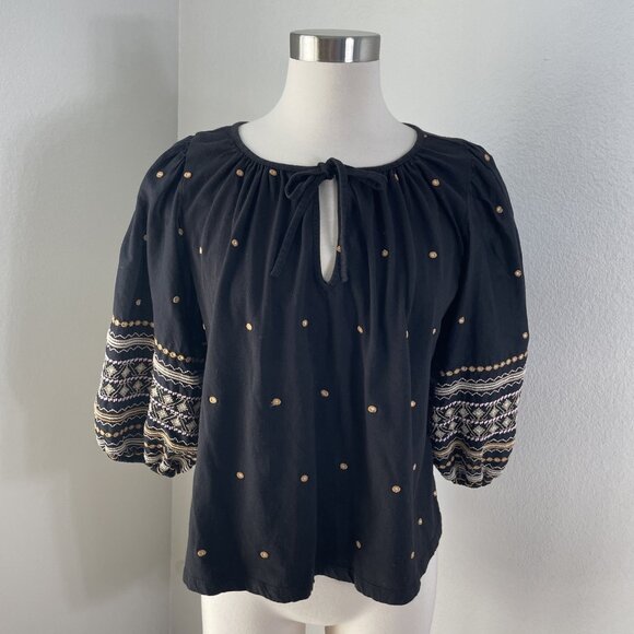 Pilcro Blouse Womens Medium Black Embroidered Peasant Boho Top Long Sleeve MP - Picture 1 of 11